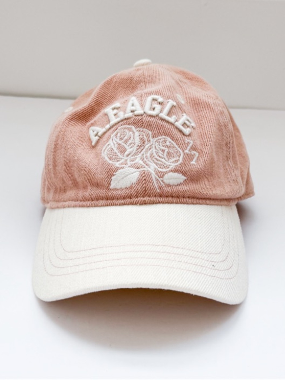 American Eagle Two Tone Rose Embroidery Hat Muted Dusty Pink & Ivory NWT